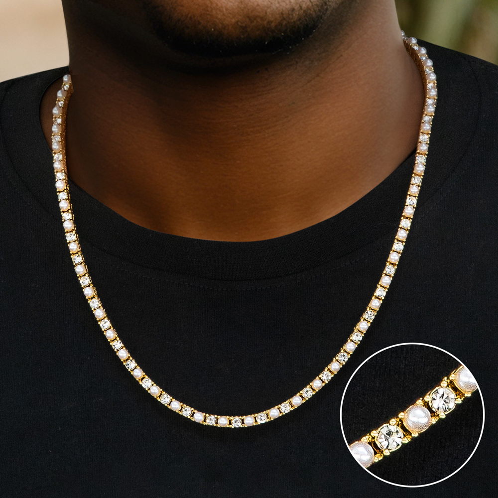 Helloice 4mm Pearls Tennis 18k Gold Chain