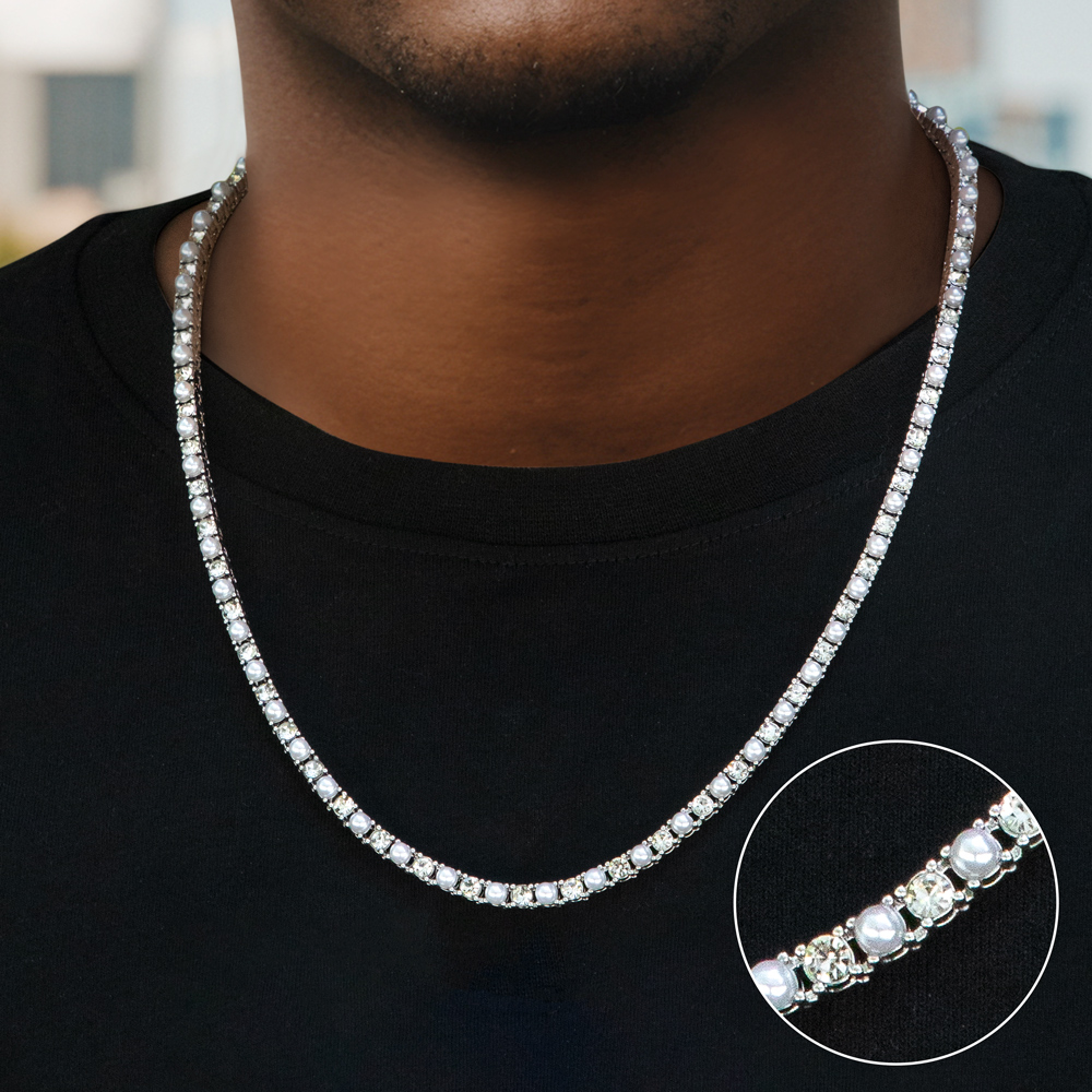 Helloice 4mm Pearls Tennis 18k White Gold Chain