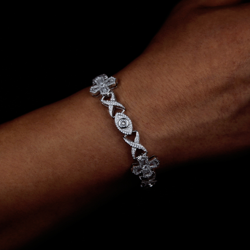 Helloice Iced Tapered Baguette Cut Cross Devil Eyes Bracelet
