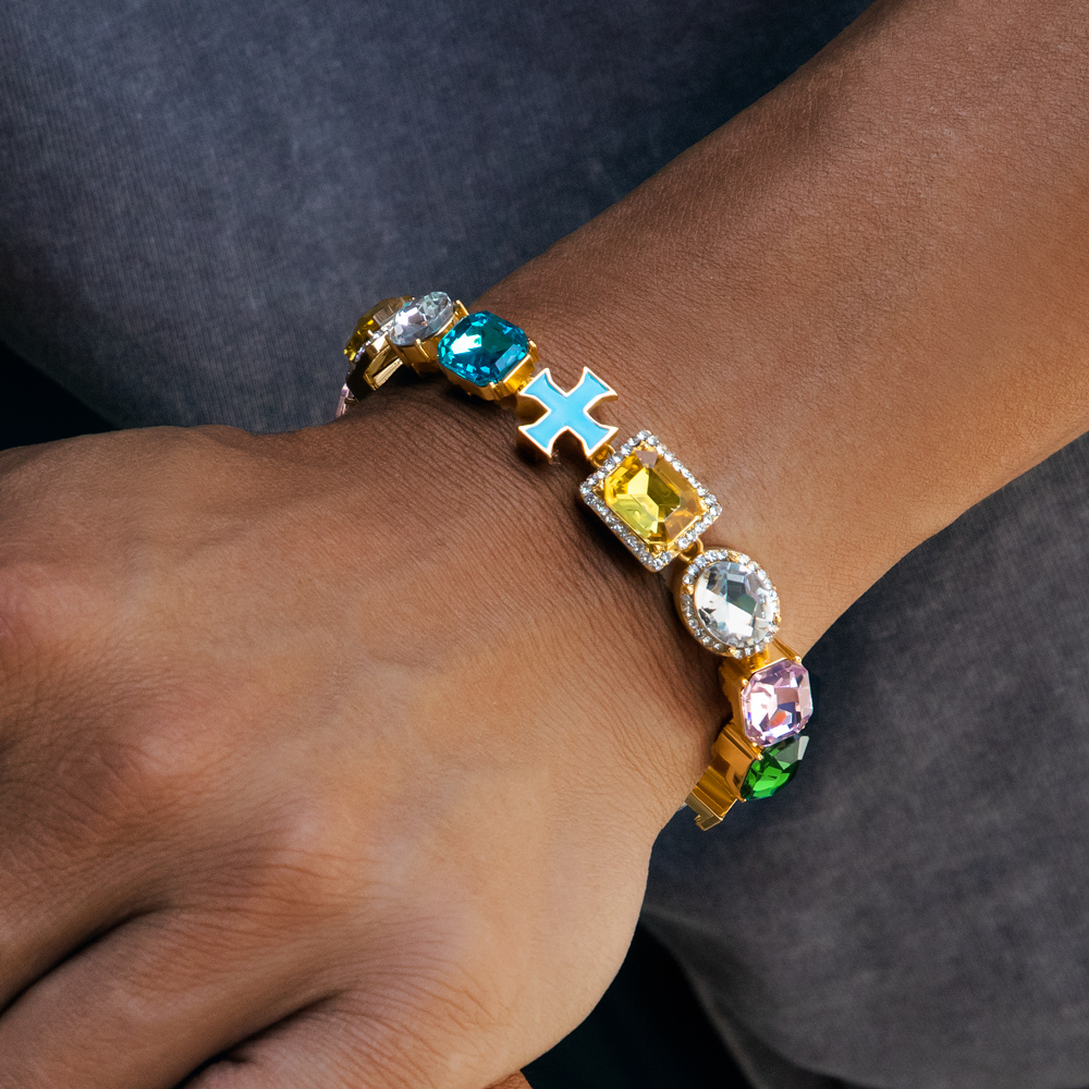 Helloice 10mm Multicolored Diamonds Enamel Cross Bracelet in Gold