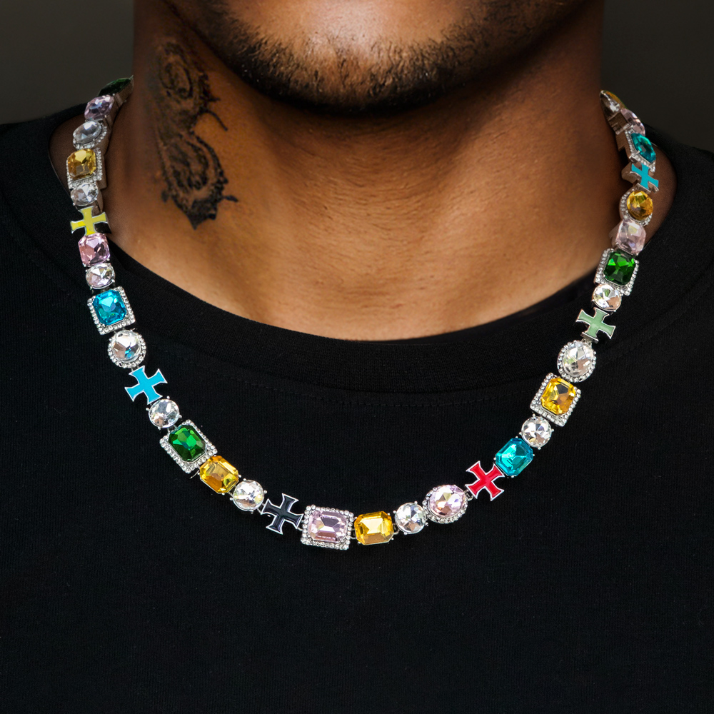 Helloice 10mm Multicolored Diamonds Enamel Cross Necklace in White Gold