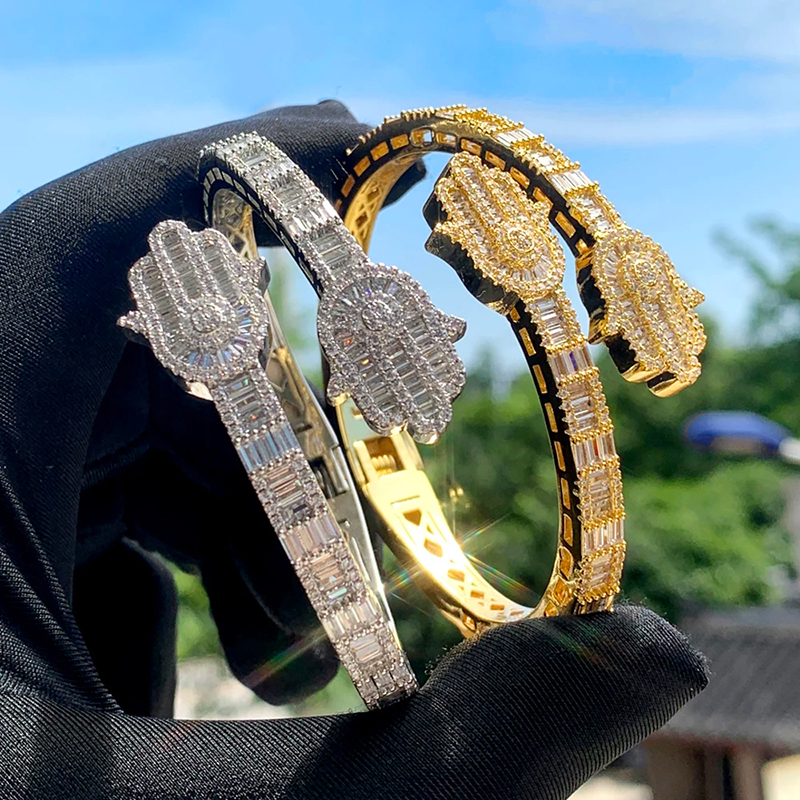 Helloice Iced Out Baguette Cut Hamsa Open Bracelet