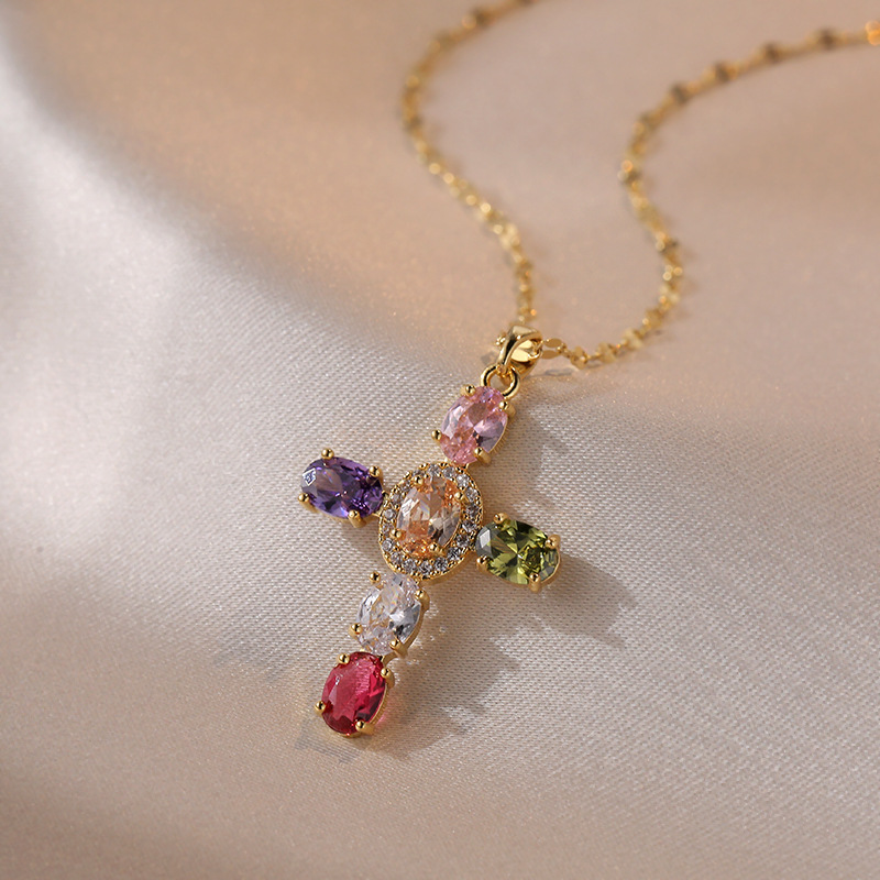 Helloice Multicolored Stone Cross Pendant