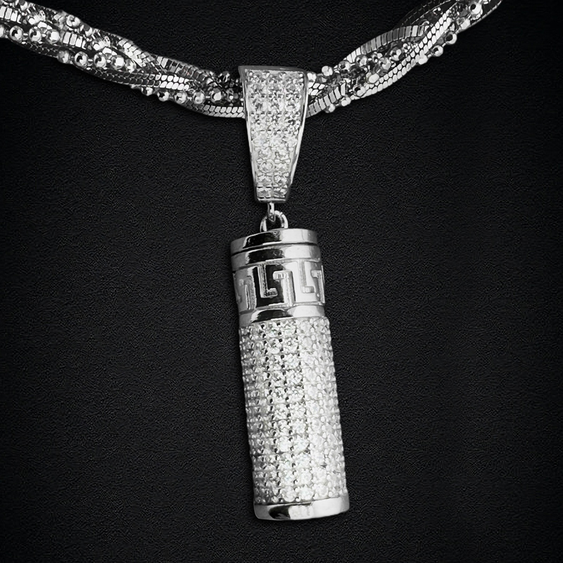 Helloice Cylindrical Swastika Carved Urn Pendant in White Gold