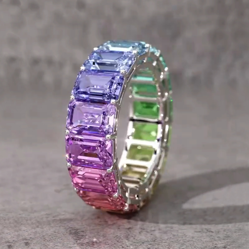 Helloice Emerald Cut Rainbow Sapphire Eternity Ring