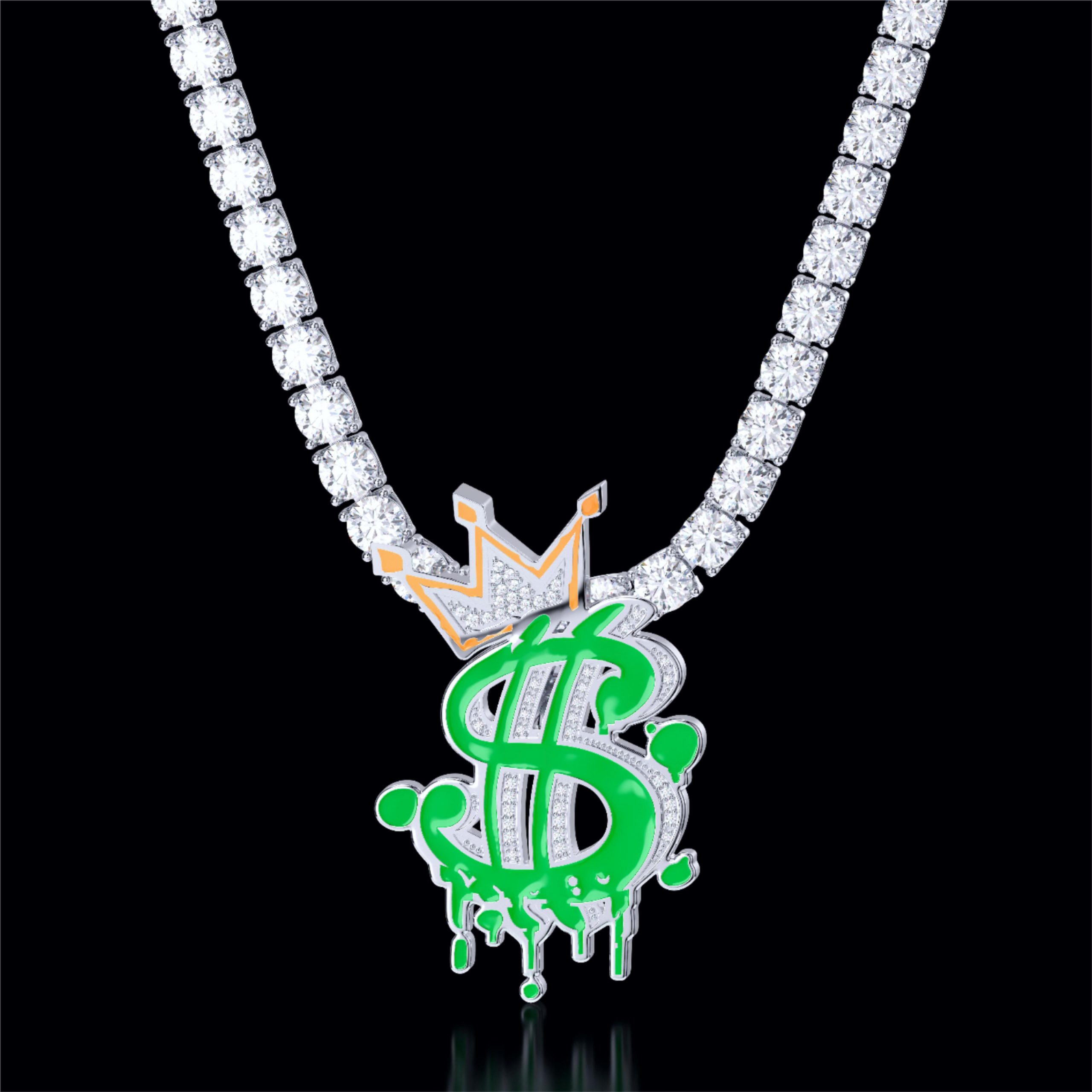 Helloice Glow in the Dark Iced Out Crown Dollar Sign Pendant
