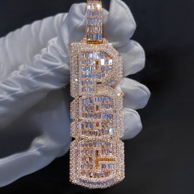 Helloice Iced Custom Double Layer Baguette Cut Vertical Letter Pendant