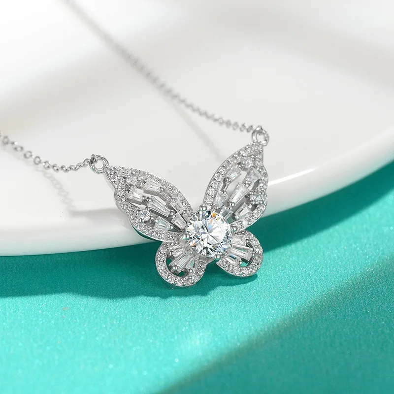 Helloice S925 Silver Diamond Hollow Butterfly Necklace