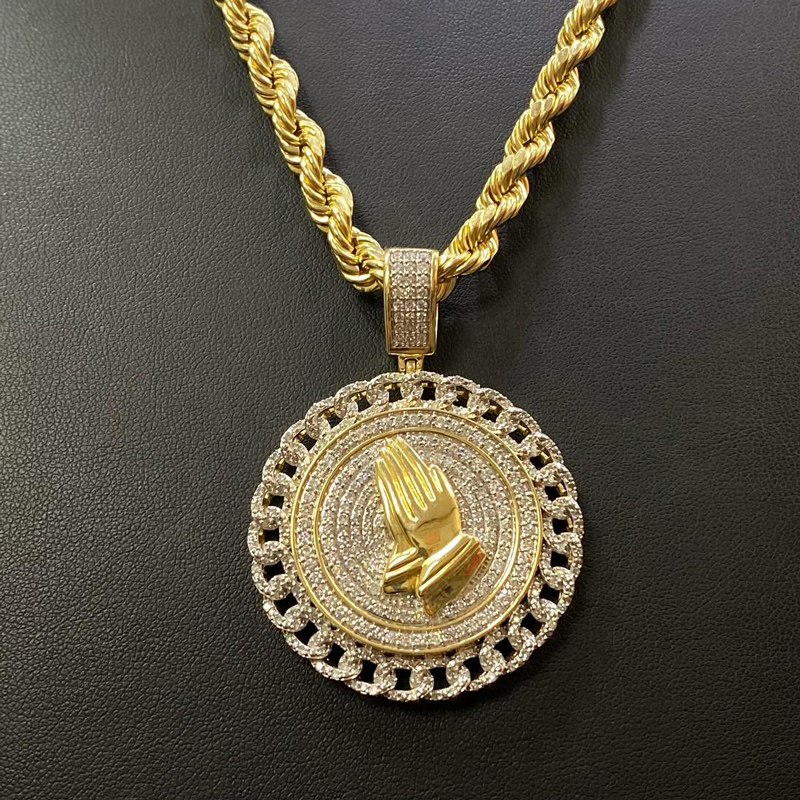 Helloice Cuban Disc Prayer Hand Pendant in Gold