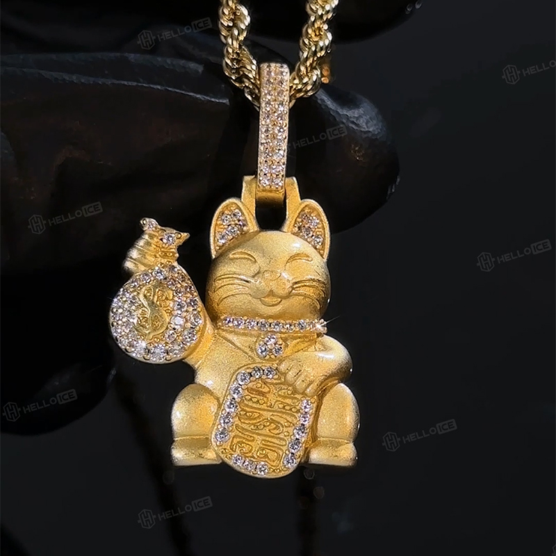 Helloice Maneki-neko with a Iced money bag pendant in 18K gold plated