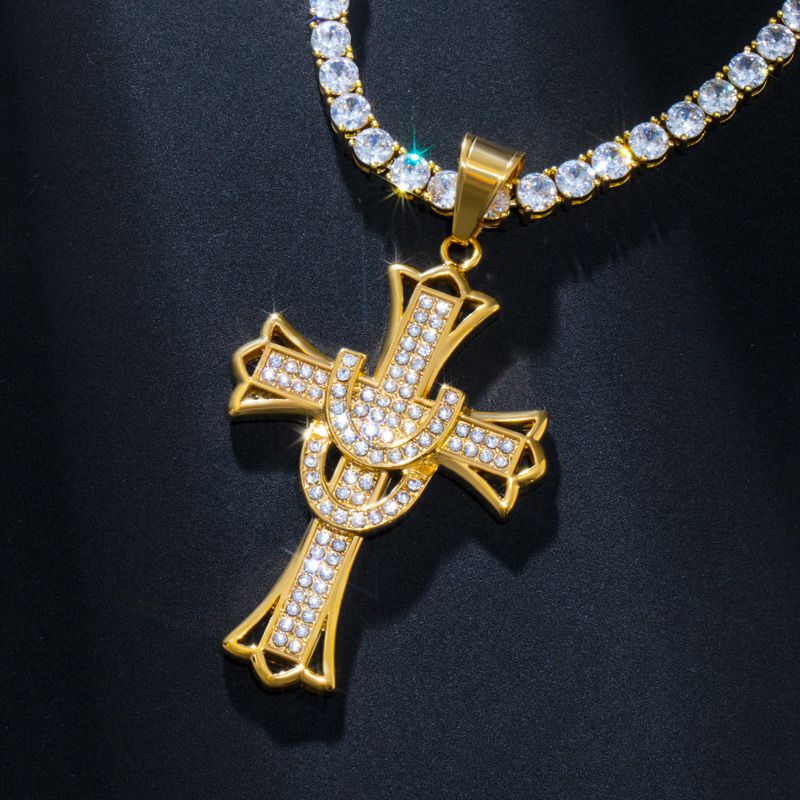 Helloice Round Cut Cross Pendant in Gold