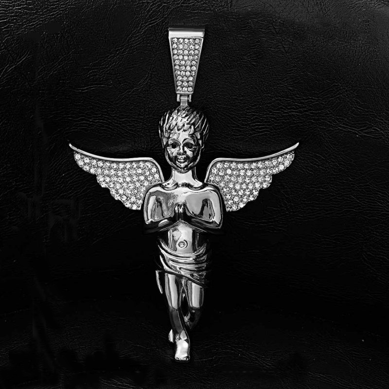 Helloice Iced Large Praying Angel Pendant in White Gold