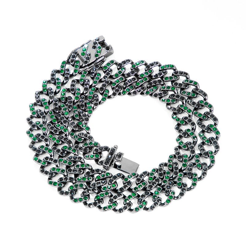 Helloice 11mm Emerald & Black Stones Cuban Chain for Women