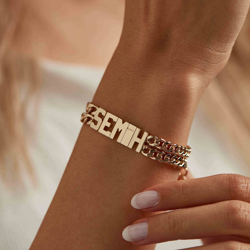 Helloice Personalized Double Chain Name Bracelet