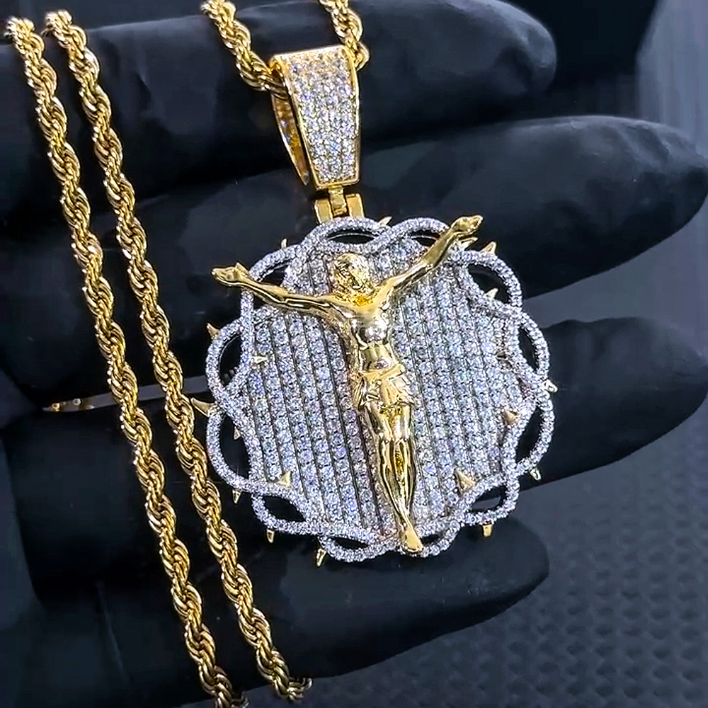 Helloice Paved Crown of Thorns with Jesus Medallion Pendant