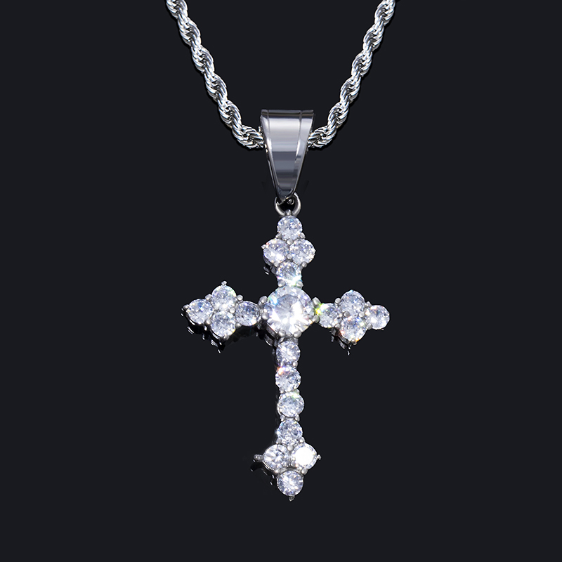 Helloice Iced Round Cut Stones Cross Pendant in White Gold