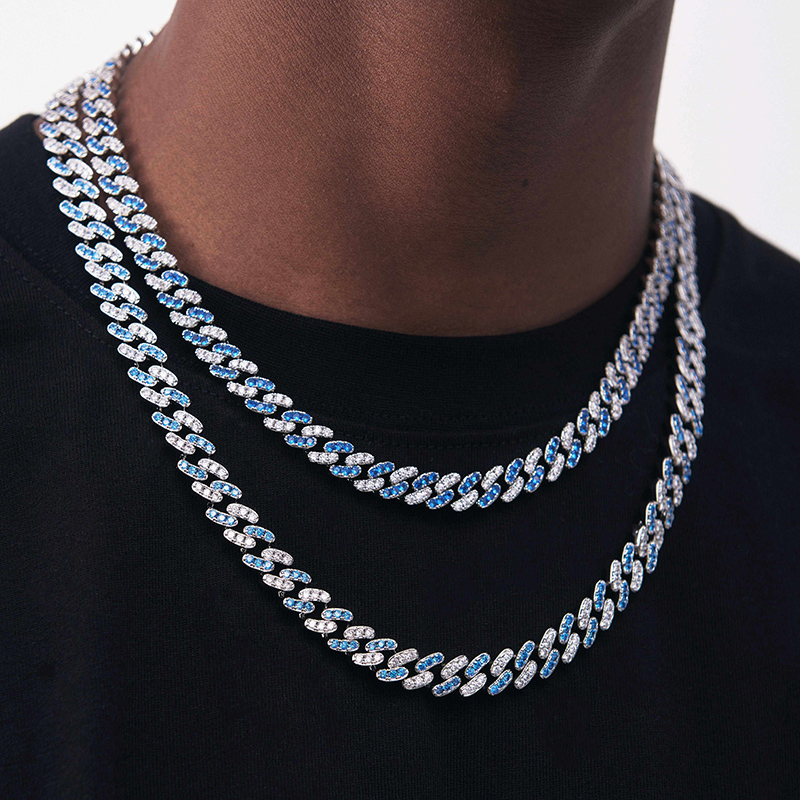 Helloice 8mm Blue&White Iced Cuban Link Chain in White Gold
