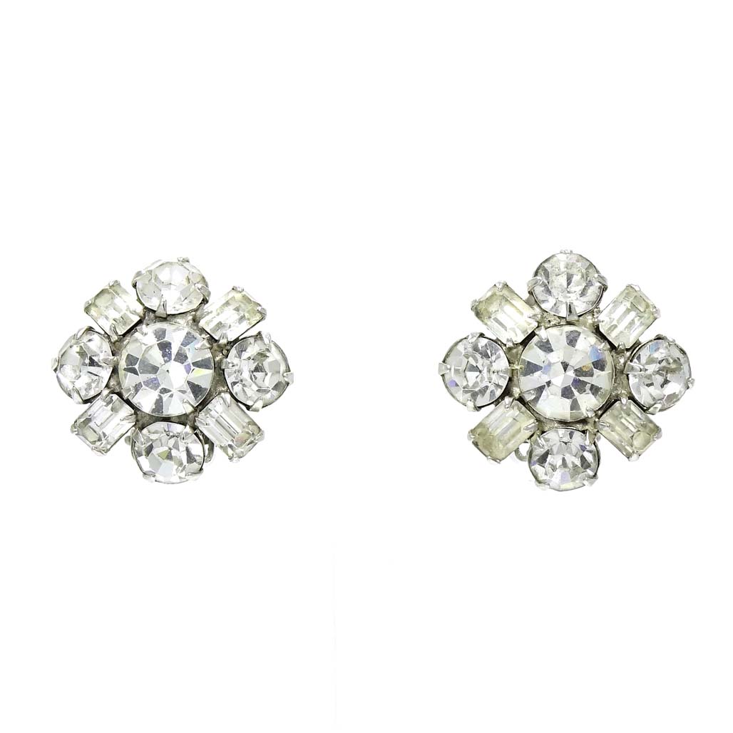 Vintage Clear Rhinestone Cluster Earrings 1950's -1960's
