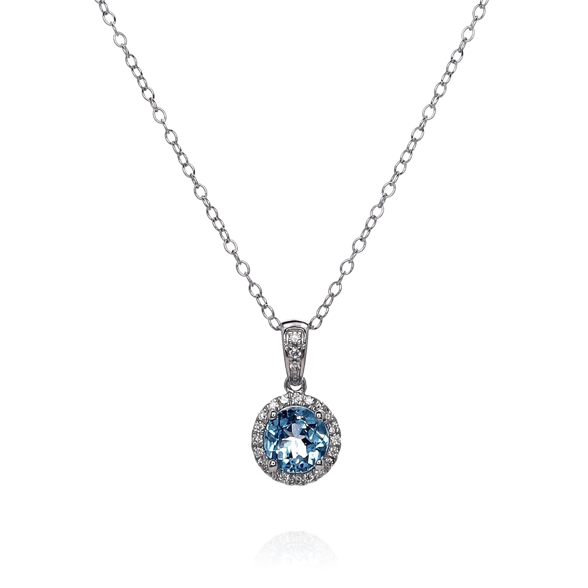 14k White Gold Round Swiss Blue Topaz and Diamond Halo Pendant Necklace