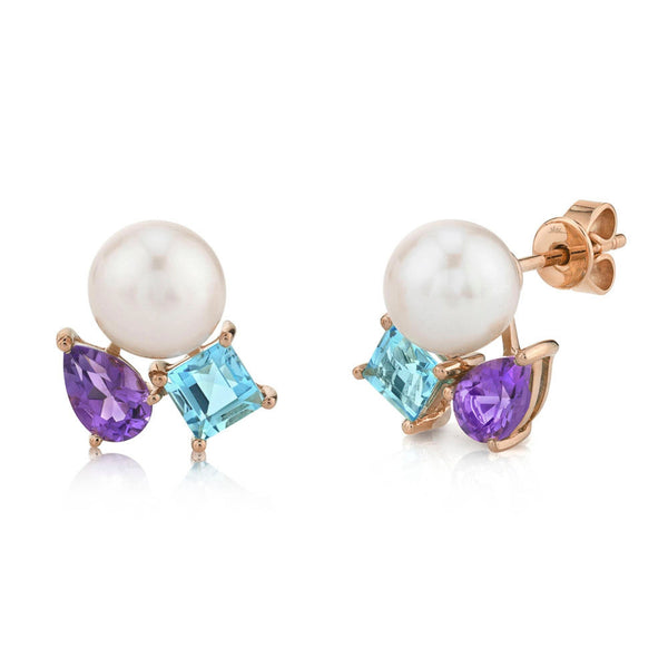 1.57CT AMETHYST, BLUE TOPAZ & CULTURED PEARL STUD EARRING