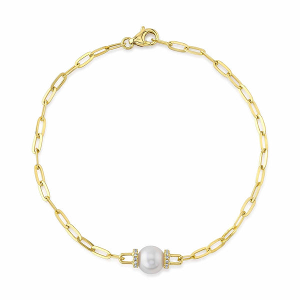 Shy Creation 0.07Ct Diamond & Cultured Pearl Paper Clip Link Bracelet SC55022626