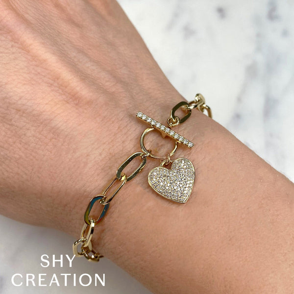 0.41CT DIAMOND PAPER CLIP LINK PAVE HEART BRACELET SC55024899Z7.5