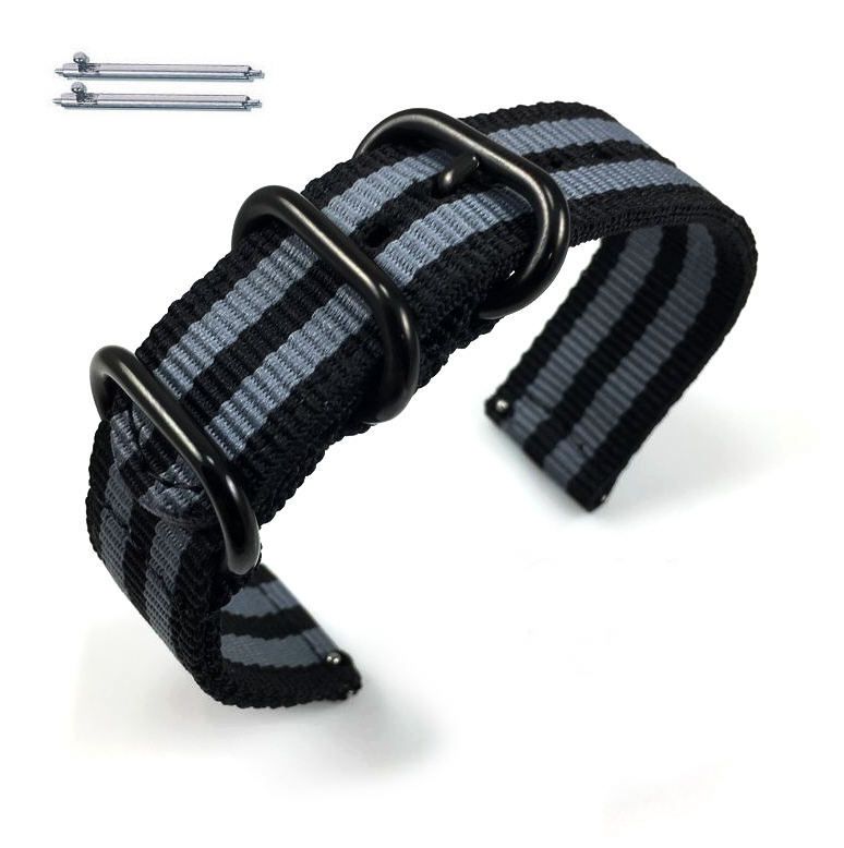 Armani Exchange Compatible Black & Gray Stripes Nylon Watch Band Strap Belt Army Military Black Buckle #6042