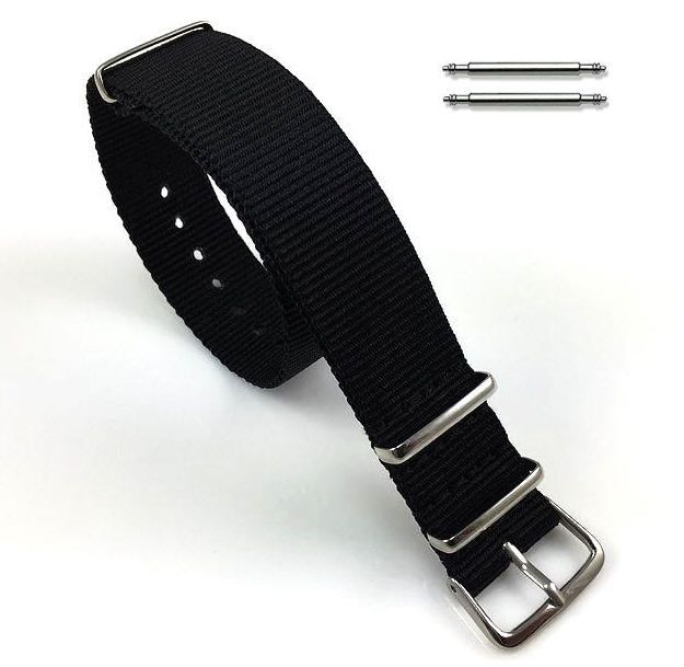 Armani Exchange Compatible Black One Piece Slip Through Nylon Watch Band Strap Silver Steel Buckle #6002