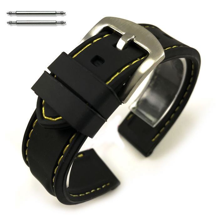 Armitron Compatible Black Rubber Silicone PU Replacement Watch Band Strap Steel Buckle Yellow Stitching #4005