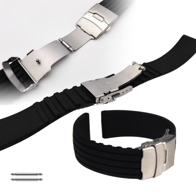 Armitron Compatible Black Rubber Silicone Replacement Watch Band Strap Double Locking Steel Buckle #4011