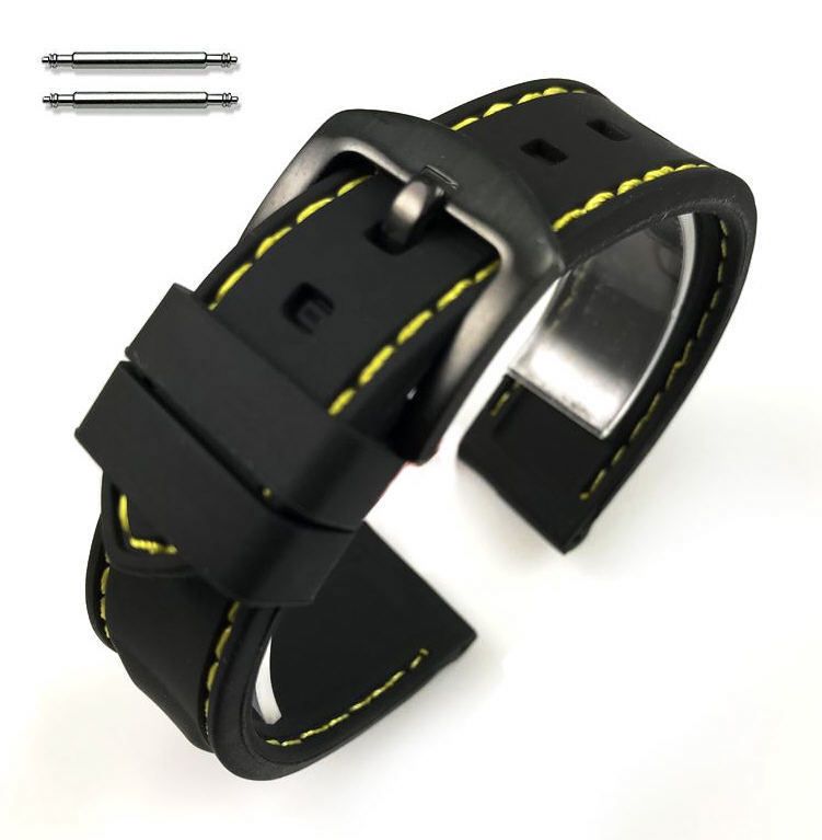 Armitron Compatible Black Rubber Silicone Replacement Watch Band Strap Yellow Stitching Steel Buckle #4007