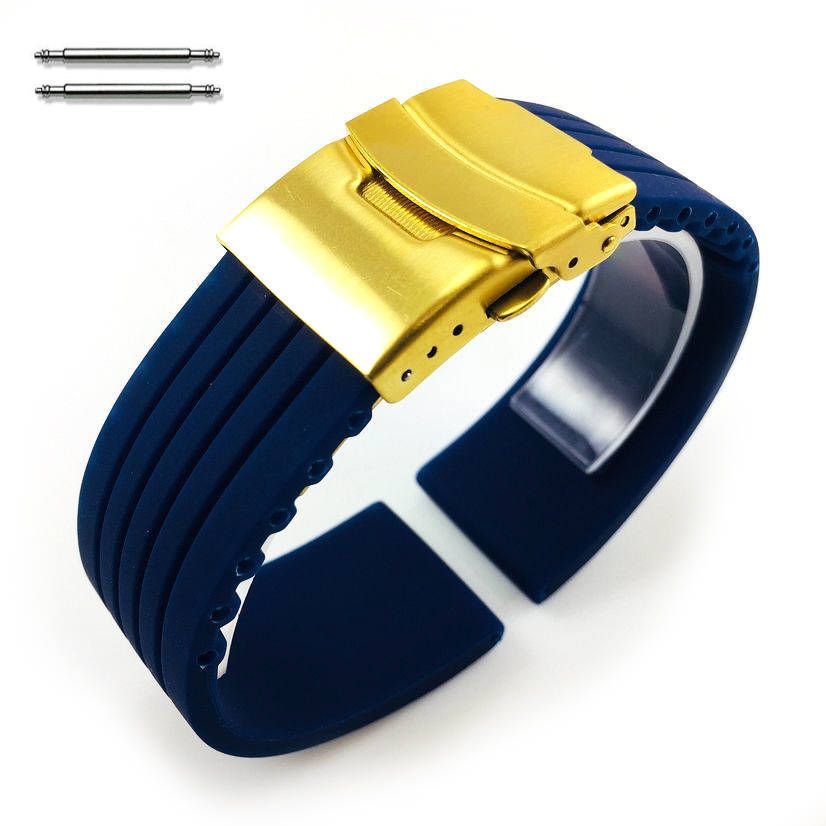 Armitron Compatible Blue Rubber Silicone Replacement Watch Band Strap Gold Double Lock Buckle #4015G