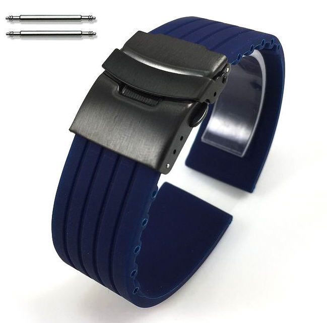 Armitron Compatible Blue Rubber Silicone Watch Band Strap Double Locking Black PVD Steel Buckle #4016