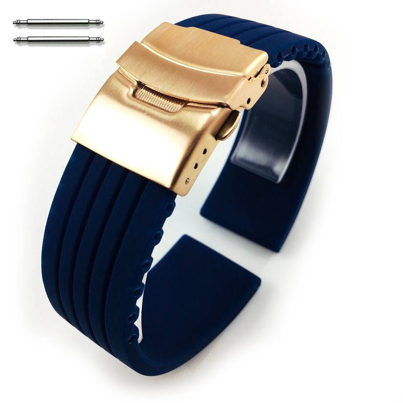 Armitron Compatible Blue Rubber Silicone Watch Band Strap Rose Gold Double Locking Clasp #4015RG