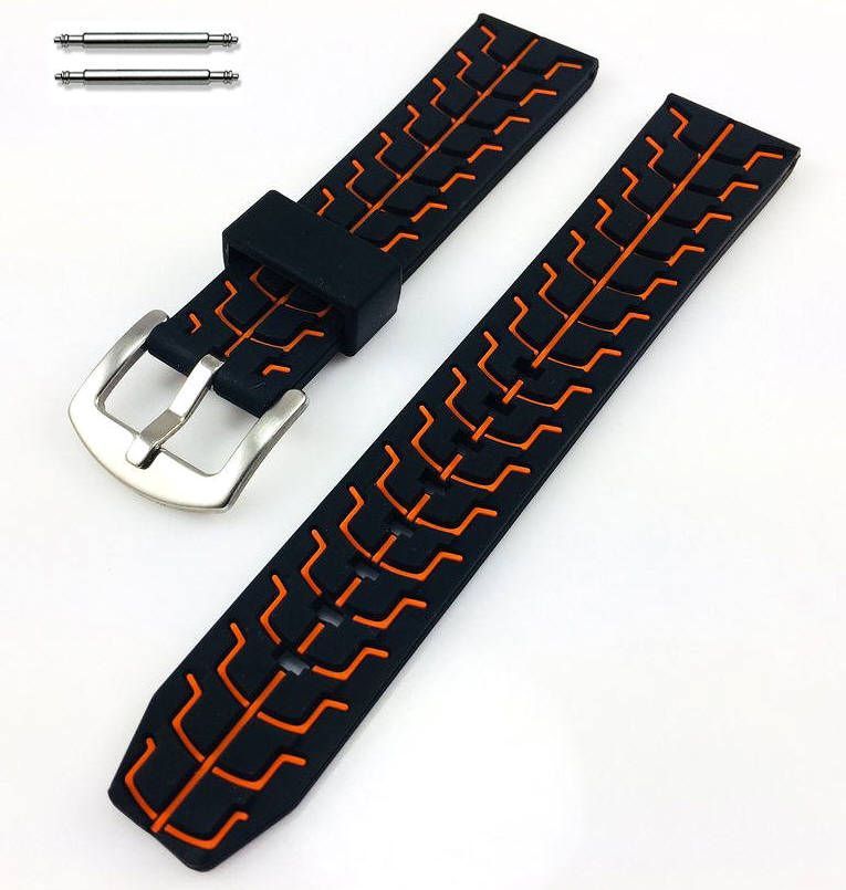 Baume & Mercier Compatible Black & Orange Sports Tire Track Rubber Silicone Replacement Watch Band Strap #4068