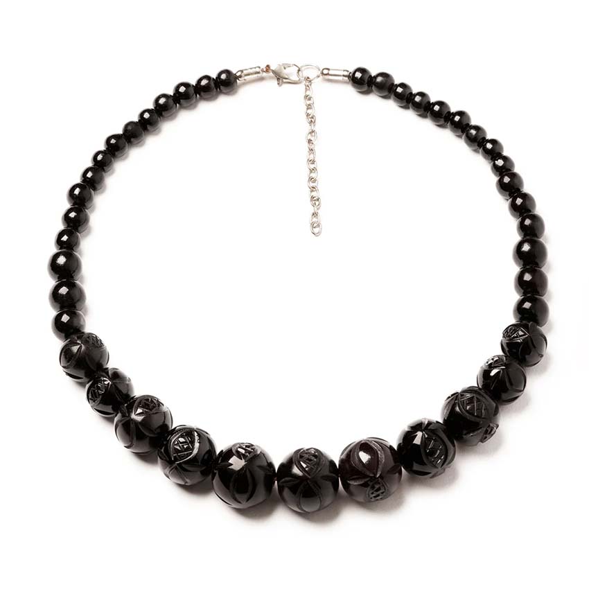 Black Heavy Carved Beads Necklace By Splendette