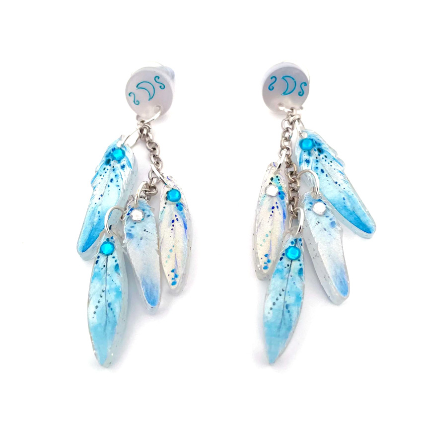 Blue Feather Moon Earrings By Wintersheart