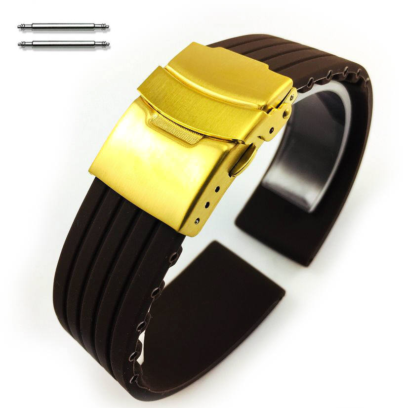 Brown Silicone Replacement 21mm Watch Band Strap Gold Double Lock Buckle #4017G