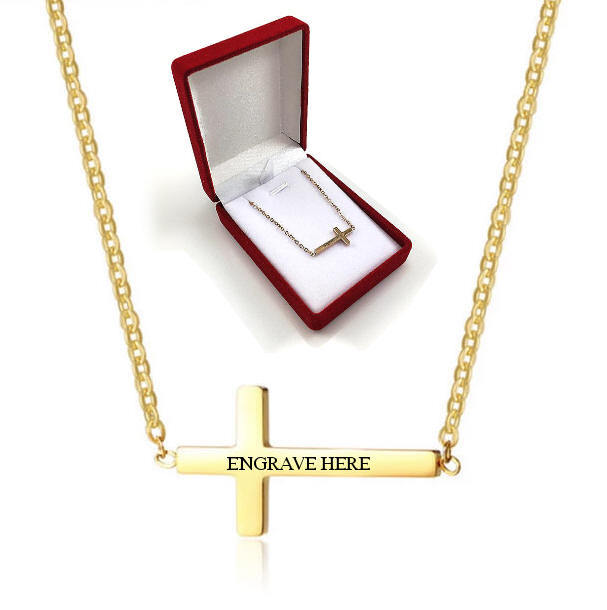 Ladies Small Cute Gold Tone Personalized Cross Necklace Name Engraving Pendant #1053