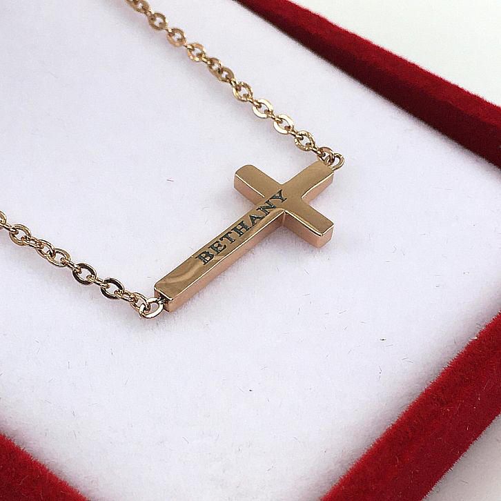 Ladies Small Cute Rose Gold Personalized Cross Necklace Name Engraving Pendant #1054