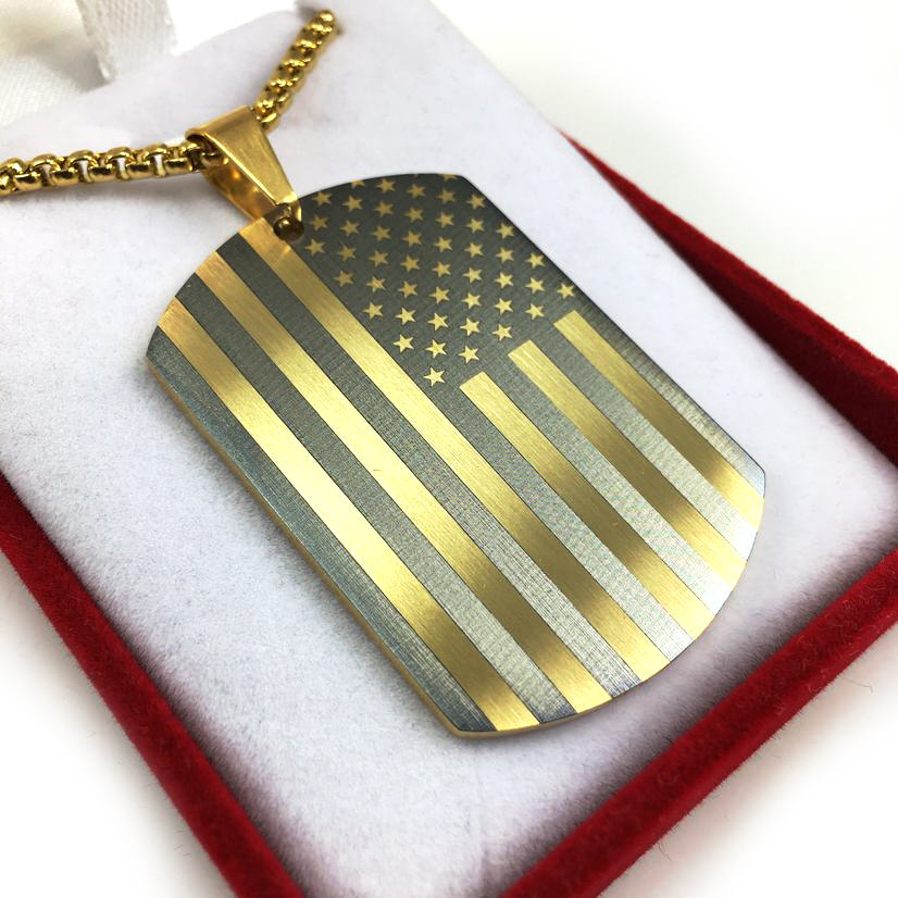 Laser Engraved USA American Flag Dog Tag Necklace Gold Tone Steel Pendant 1003