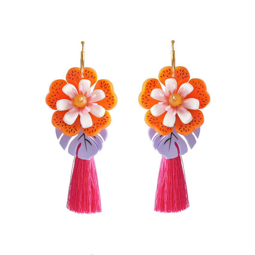 Orange Tropical Flower Earrings With Removeable Tassel By Laliblue