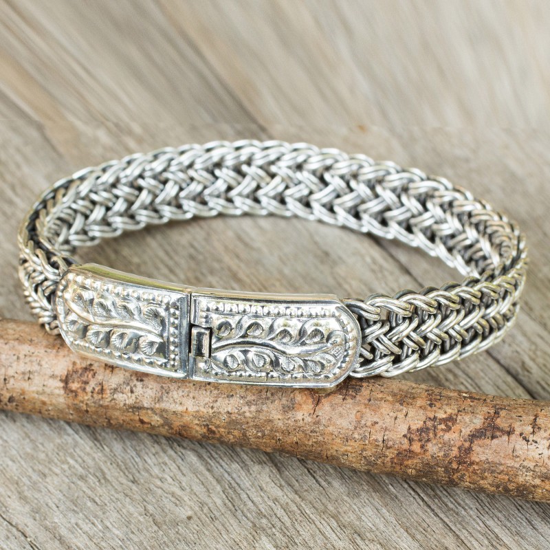 Handcrafted Sterling Silver Wristband Bracelet, "Mayom Tree"