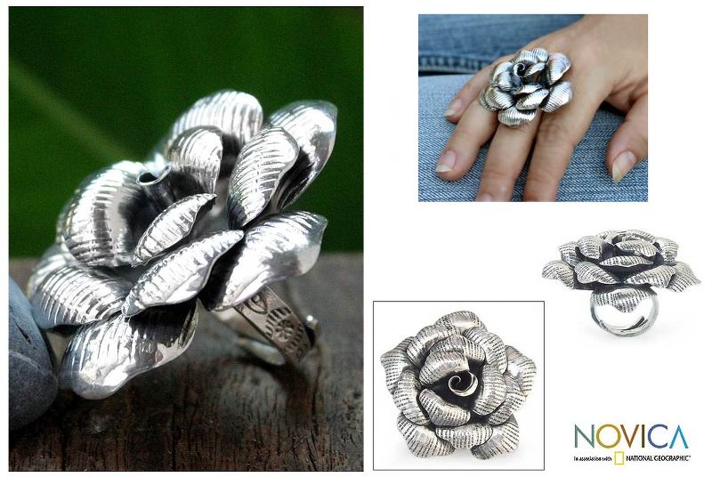 Sterling Silver Flower Cocktail Ring, "Queen Rose"