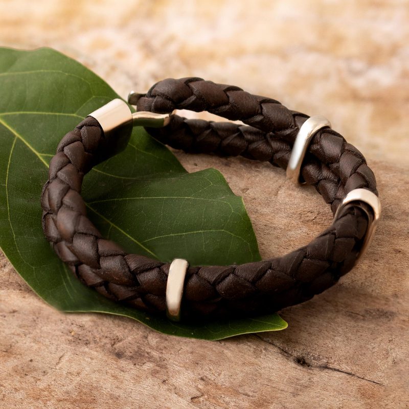 Men's Sterling Silver and Braided Leather Bracelet, "Furrows"