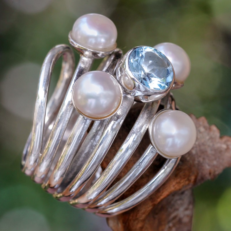 Pearl and Blue Topaz Cocktail Ring, "Heavens Above"