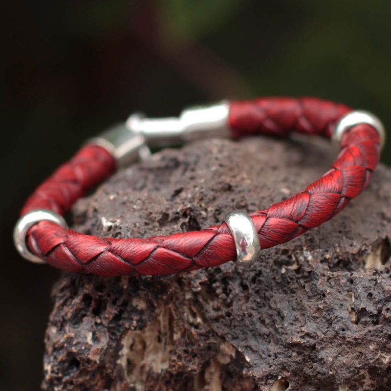 Handmade Men's Leather Braided Bracelet with Sterling Silver, "Bold Red"