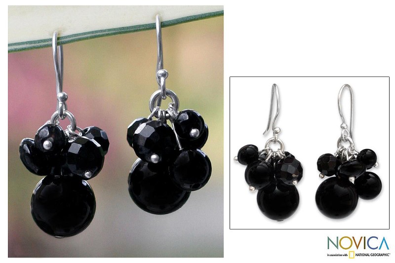 Unique Beaded Onyx Earrings, "Midnight Friends"