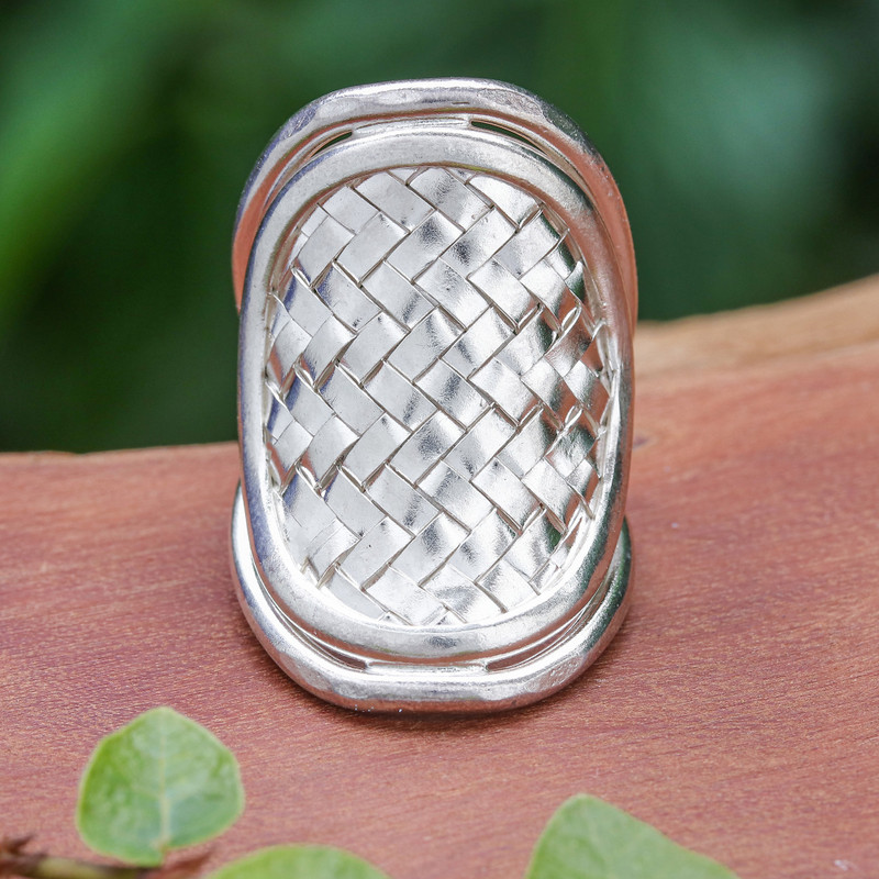 Modern Sterling Silver Band Ring, "Woven Rapture"