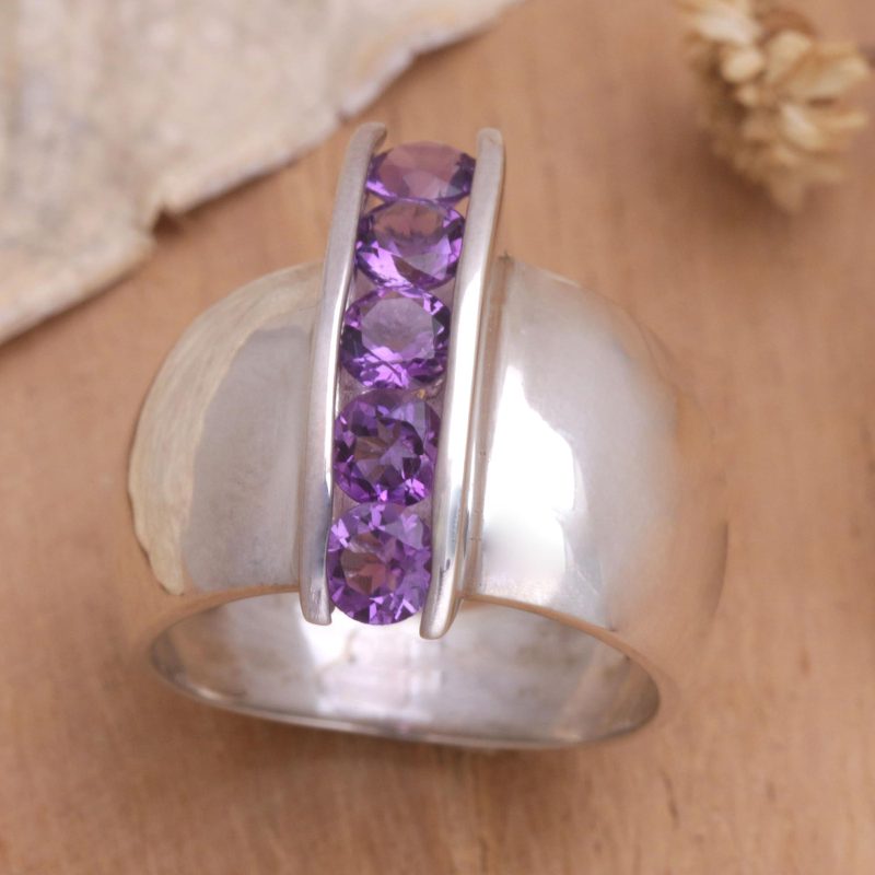 Unique Modern Sterling Silver and Amethyst Ring, "Five Reasons"